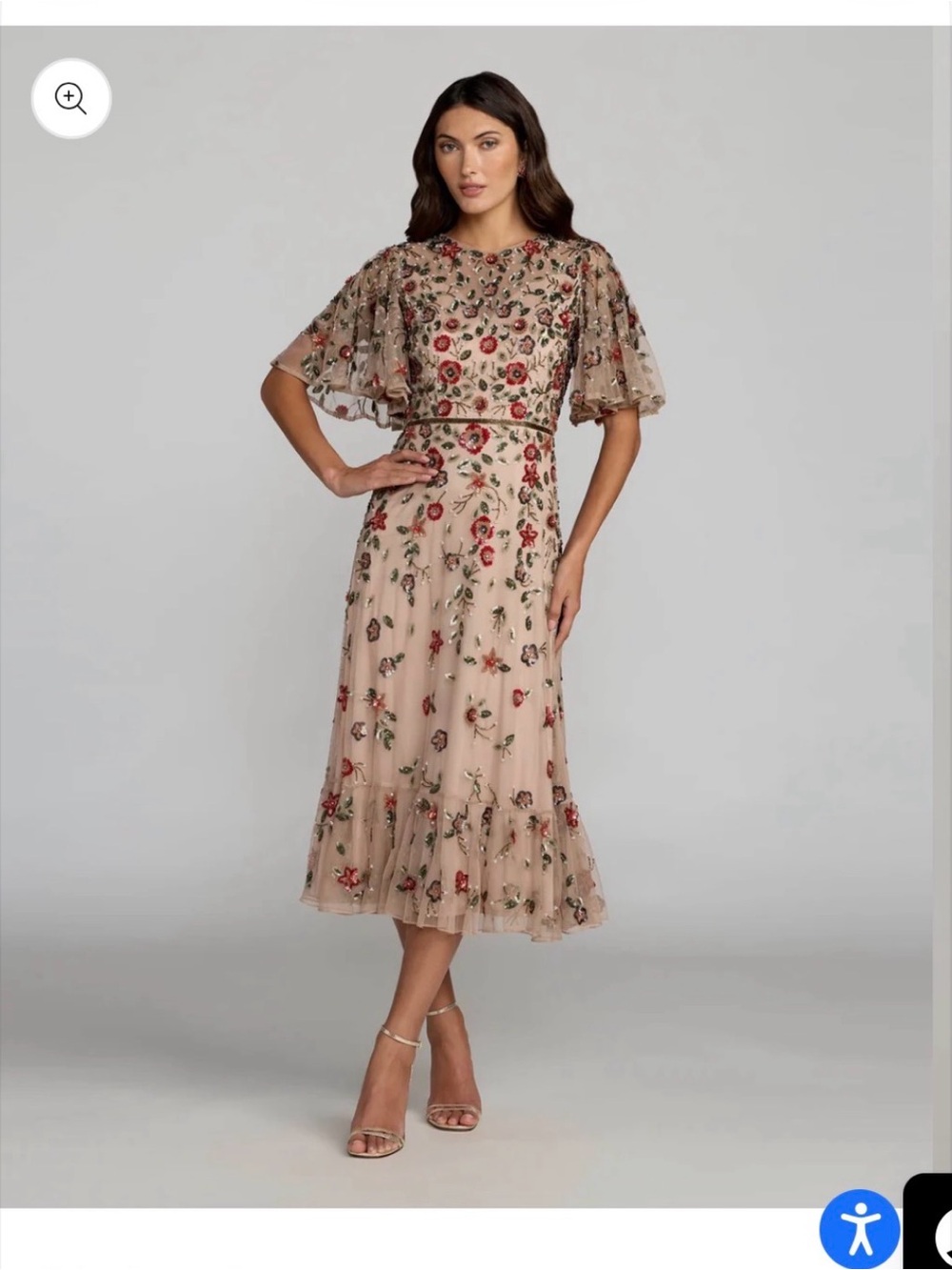 MAC DUGGAL
Beige Floral Embellished Flutter Sleeve Midi Dress